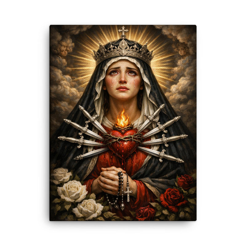 Seven sorrows Mater Dolorosa with silver blades canvas print on a plain backdrop in size 18