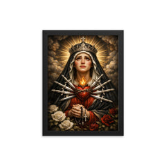 Seven sorrows Mater Dolorosa with silver blades framed print on a plain backdrop in size 12"x16".