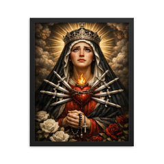 Seven sorrows Mater Dolorosa with silver blades framed print on a plain backdrop in size 16"x20".