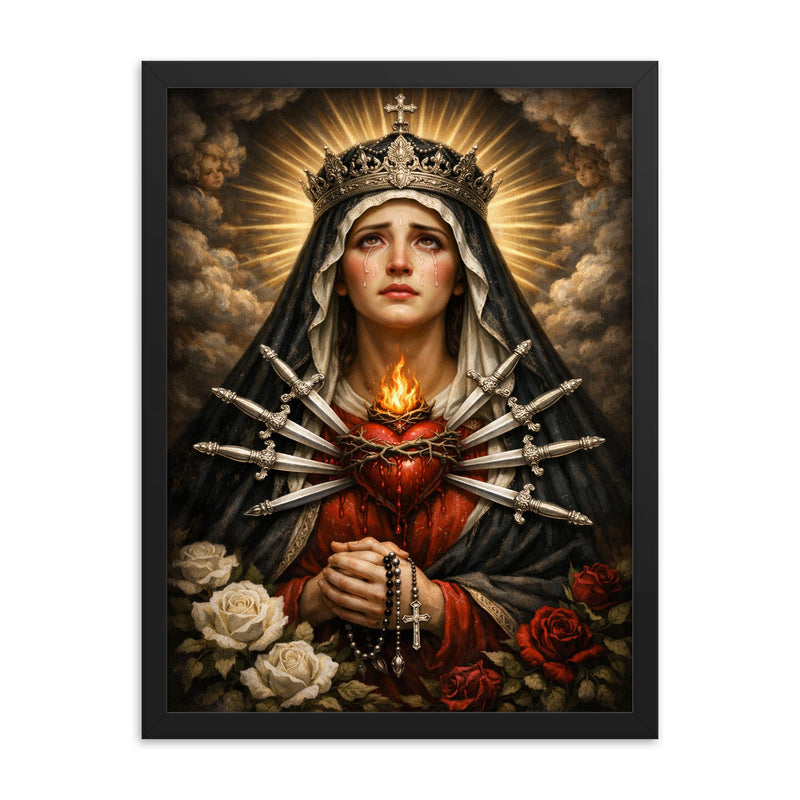 Seven sorrows Mater Dolorosa with silver blades framed print on a plain backdrop in size 18