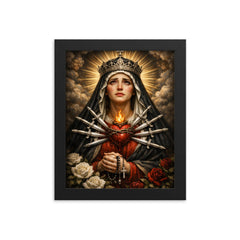 Seven sorrows Mater Dolorosa with silver blades framed print on a plain backdrop in size 8"x10".