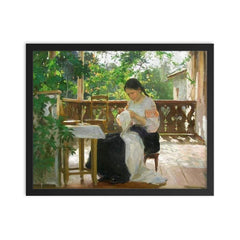 Sewing by Mycola Pymonenko, 1862-1912 framed print on a plain backdrop in size 16"x20".