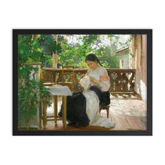 Sewing by Mycola Pymonenko, 1862-1912 framed print on a plain backdrop in size 18"x24".
