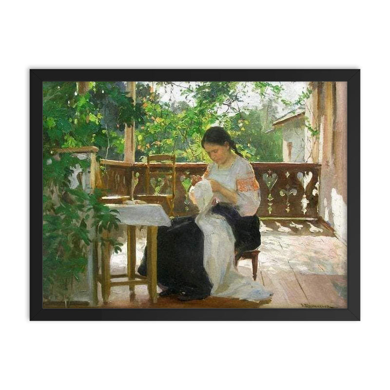 Sewing by Mycola Pymonenko, 1862-1912 framed print on a plain backdrop in size 18