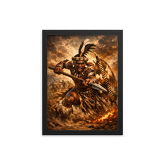 Shaka kaSenzangakhona in stabbing spear stance framed print on a plain backdrop in size 12"x16".