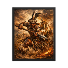 Shaka kaSenzangakhona in stabbing spear stance framed print on a plain backdrop in size 16"x20".