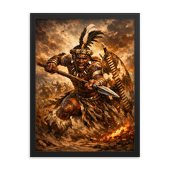 Shaka kaSenzangakhona in stabbing spear stance framed print on a plain backdrop in size 18"x24".