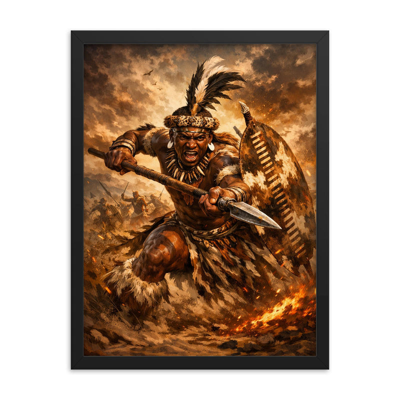 Shaka kaSenzangakhona in stabbing spear stance framed print on a plain backdrop in size 18