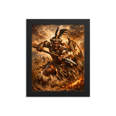 Shaka kaSenzangakhona in stabbing spear stance framed print on a plain backdrop in size 8"x10".