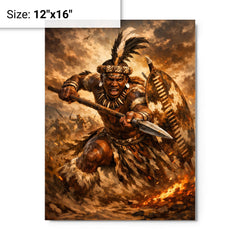 Shaka kaSenzangakhona in stabbing spear stance metal print on a plain backdrop in size 12"x16".