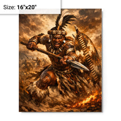 Shaka kaSenzangakhona in stabbing spear stance metal print on a plain backdrop in size 16"x20".