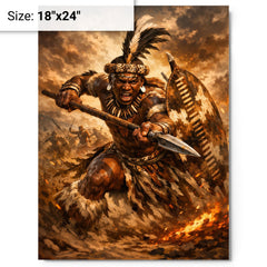 Shaka kaSenzangakhona in stabbing spear stance metal print on a plain backdrop in size 18"x24".