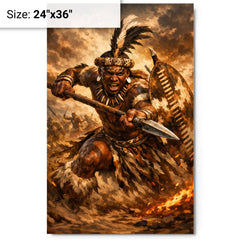 Shaka kaSenzangakhona in stabbing spear stance metal print on a plain backdrop in size 24"x36".