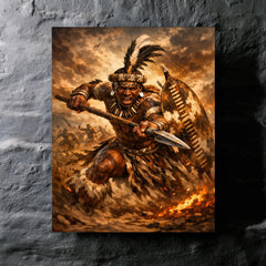 Shaka kaSenzangakhona in stabbing spear stance metal print mockup