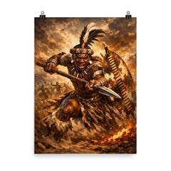 Shaka kaSenzangakhona in stabbing spear stance poster on a plain backdrop in size 8"x10".