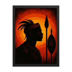 Shaka kaSenzangakhona spear silhouette portrait framed print on a plain backdrop in size 18"x24".