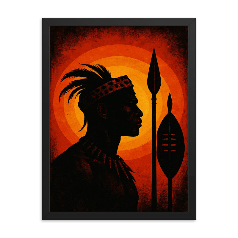 Shaka kaSenzangakhona spear silhouette portrait framed print on a plain backdrop in size 18