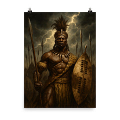 Shaka Zulu beneath storm dark assegai banners poster on a plain backdrop in size 8"x10".
