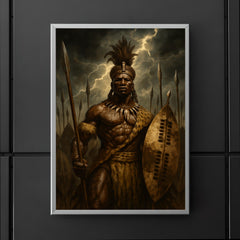 Shaka Zulu beneath storm dark assegai banners poster 5
