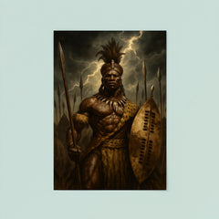 Shaka Zulu beneath storm dark assegai banners poster 8