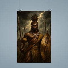 Shaka Zulu beneath storm dark assegai banners poster 9