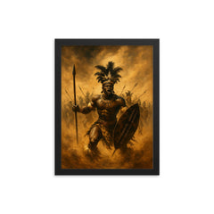 Shaka Zulu in bullhorn formation duststorm framed print on a plain backdrop in size 12"x16".