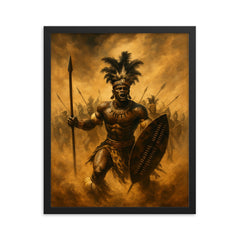 Shaka Zulu in bullhorn formation duststorm framed print on a plain backdrop in size 16"x20".
