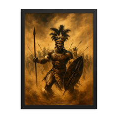 Shaka Zulu in bullhorn formation duststorm framed print on a plain backdrop in size 18"x24".