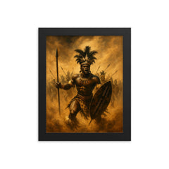 Shaka Zulu in bullhorn formation duststorm framed print on a plain backdrop in size 8"x10".