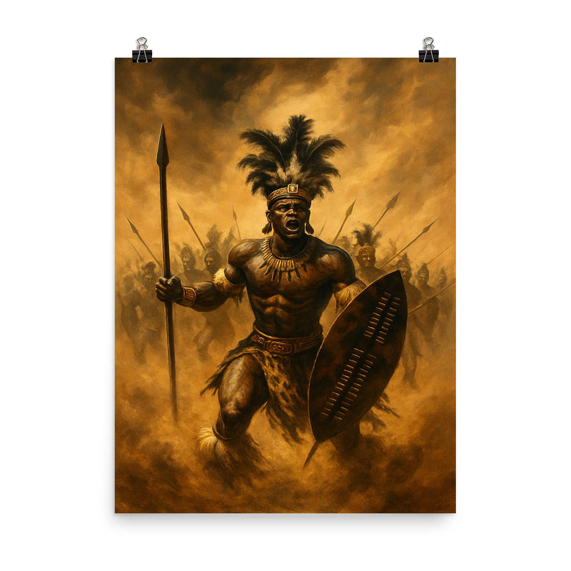 Shaka Zulu in bullhorn formation duststorm poster on a plain backdrop in size 8