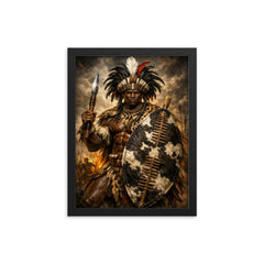 Shaka Zulu with iklwa and oxhide shield framed print on a plain backdrop in size 12"x16".