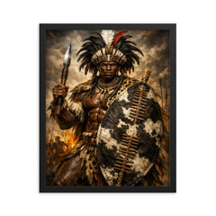 Shaka Zulu with iklwa and oxhide shield framed print on a plain backdrop in size 16"x20".