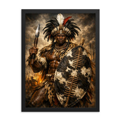 Shaka Zulu with iklwa and oxhide shield framed print on a plain backdrop in size 18"x24".