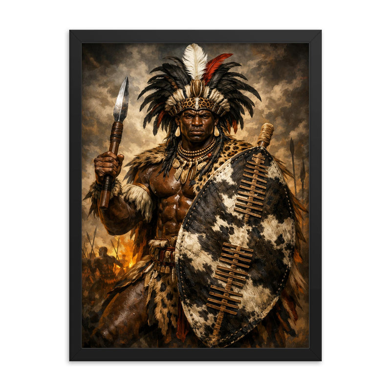 Shaka Zulu with iklwa and oxhide shield framed print on a plain backdrop in size 18