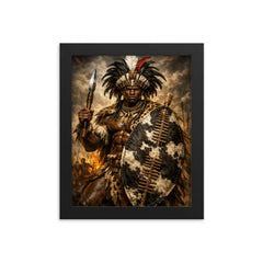 Shaka Zulu with iklwa and oxhide shield framed print on a plain backdrop in size 8"x10".