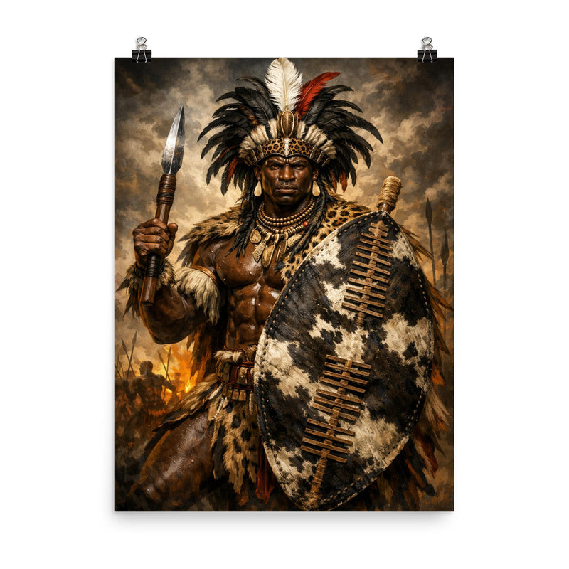 Shaka Zulu with iklwa and oxhide shield poster on a plain backdrop in size 8
