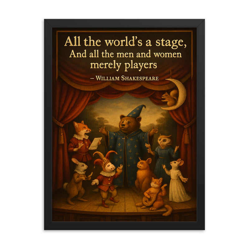 Shakespeare all the worlds a stage animals performing on theater stage framed print on a plain backdrop in size 18