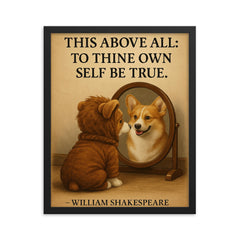 shakespeare quote dog looking in mirror be true to yourself framed print on a plain backdrop in size 16"x20".