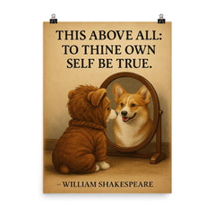 shakespeare quote dog looking in mirror be true to yourself poster on a plain backdrop in size 8"x10".