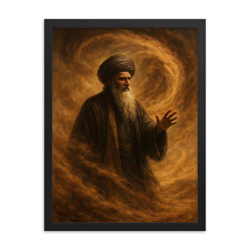 Shams Tabrizi and whirling dust storm framed print on a plain backdrop in size 18
