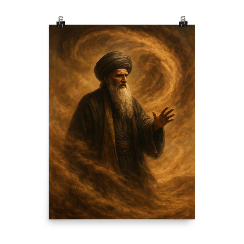 Shams Tabrizi and whirling dust storm poster on a plain backdrop in size 8