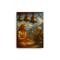Shankara debating beneath Himalayan temple bells canvas print on a plain backdrop in size 12"x16".