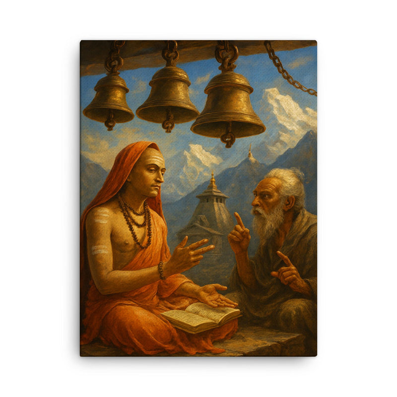 Shankara debating beneath Himalayan temple bells canvas print on a plain backdrop in size 18