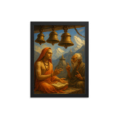 Shankara debating beneath Himalayan temple bells framed print on a plain backdrop in size 12"x16".