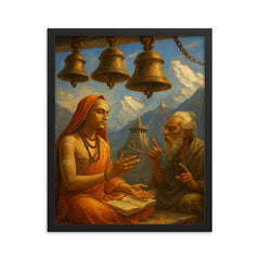 Shankara debating beneath Himalayan temple bells framed print on a plain backdrop in size 16"x20".