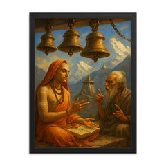 Shankara debating beneath Himalayan temple bells framed print on a plain backdrop in size 18"x24".