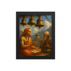Shankara debating beneath Himalayan temple bells framed print on a plain backdrop in size 8"x10".