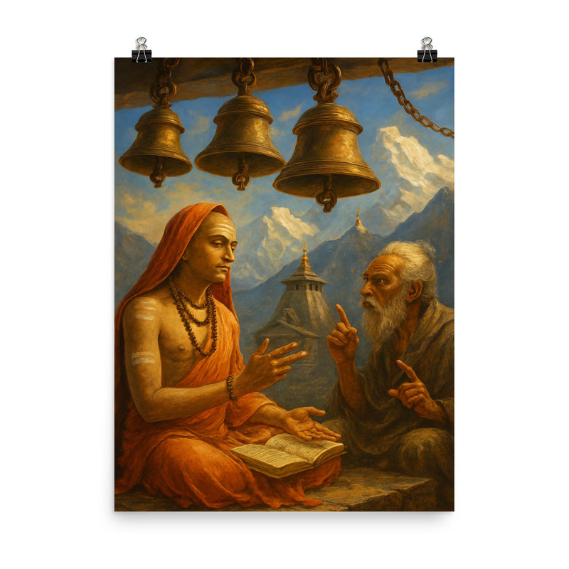 Shankara debating beneath Himalayan temple bells poster on a plain backdrop in size 8