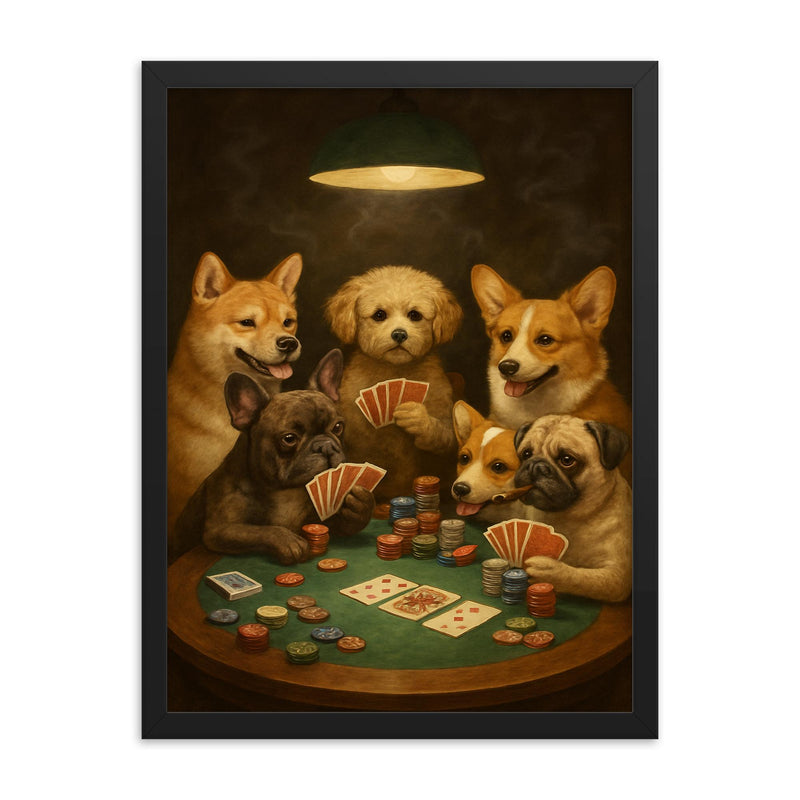 Shiba Ina French Bulldog Maltipoo Corgi and Pug playing poker in a smoky room framed print on a plain backdrop in size 18
