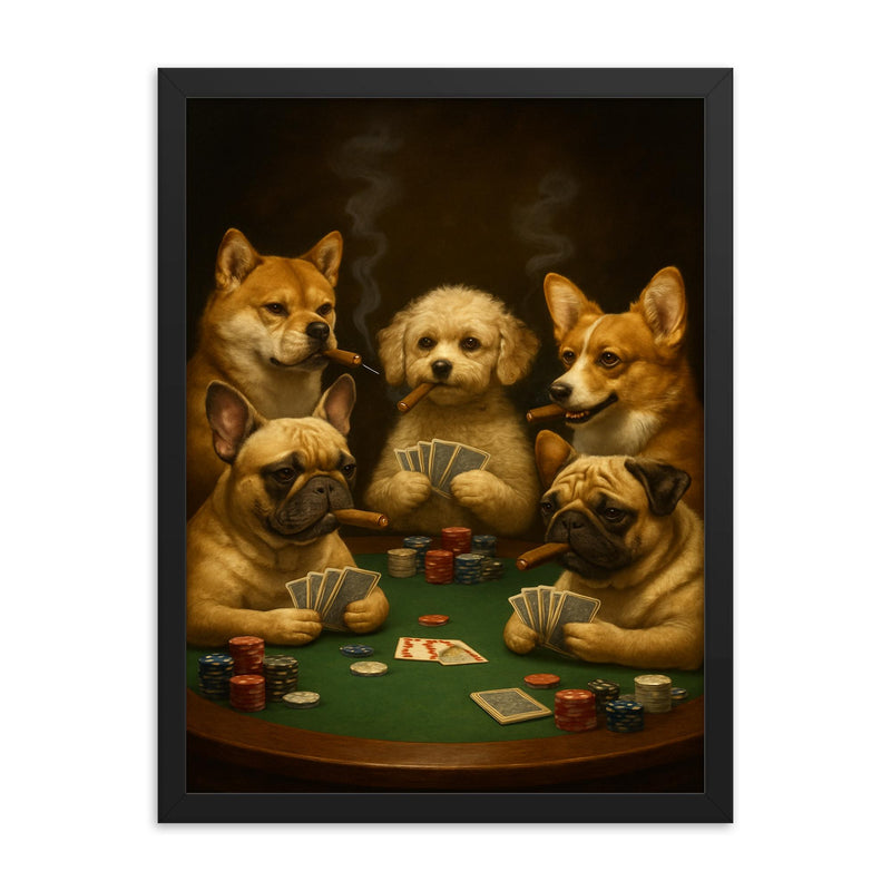 Shiba Ina French Bulldog Maltipoo Corgi and Pug playing poker while smoking cigars framed print on a plain backdrop in size 18